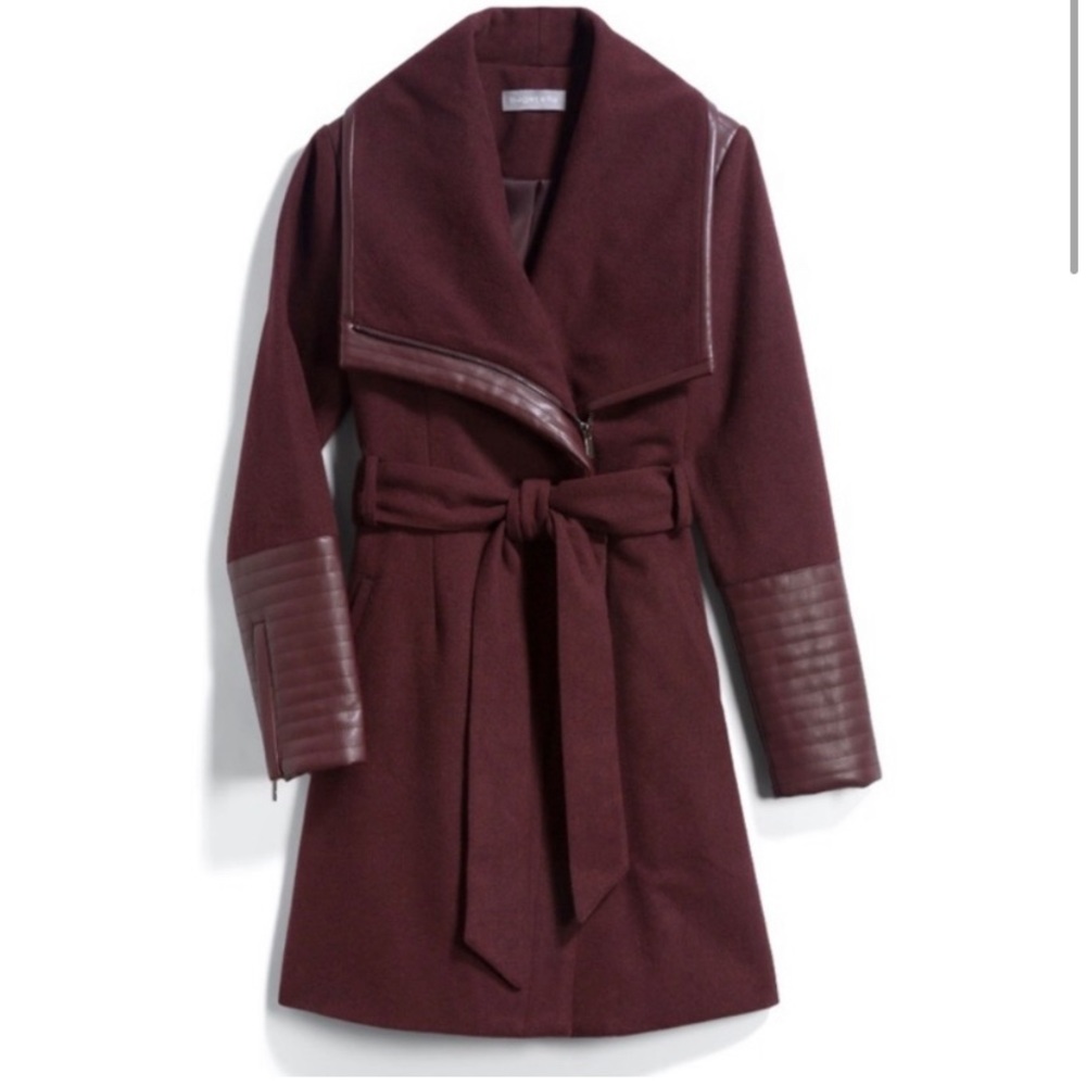 Purple burgundy pea coat with leather accents